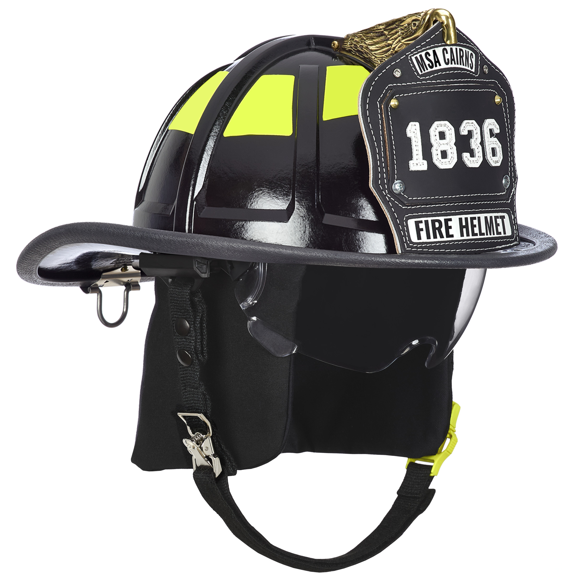 Cairns 1836 Black Fire Helmet, with standard liner, clear Defender Visor, Black Nomex earlaps, 6" carved eagle, Scotchlite lime yellow